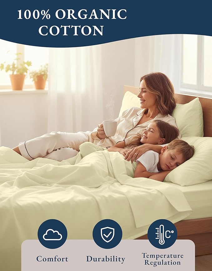 LANE LINEN 100% Organic Cotton Sustainably Produced Twin XL Bed Sheets, Mercerized Fully Elasticized Percale Perfect for Hospital Bed & Dorm Room, Reinforced Seams Twin XL Sheets-Vanilla