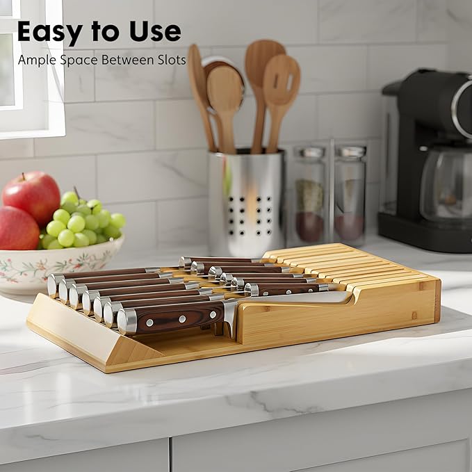 Bamboo Kitchen Drawer Knife Block, In drawer Knife Holder, Knife Drawer Organizer fit for 13 knives