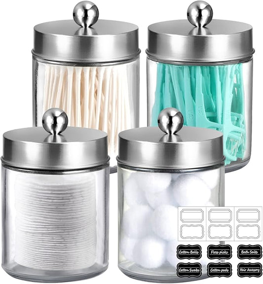 Amolliar 4Pc Apothecary Jars Bathroom Vanity Storage Organizer Set -Countertop Canister with Stainless Steel Lids &Stickers - Qtip Dispenser Holder for Qtip,Cotton Swab,Makeup Sponge (Brushed Nickel)