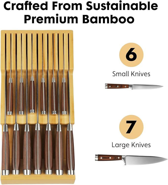 Bamboo Kitchen Drawer Knife Block, In drawer Knife Holder, Knife Drawer Organizer fit for 13 knives