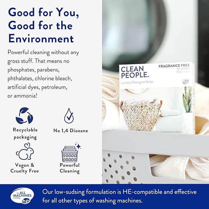 Clean People Laundry Detergent Sheets- Recyclable Packaging, Hypoallergenic, Stain Fighting, Works with All Machines including HE (384 Count, Fragrance Free)