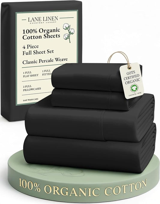 LANE LINEN 100% Organic Cotton Full Sheets Set, 4-Piece Pure Organic Cotton Percale Sheets, Long Staple Cotton Sheet, Ultra Soft Bedding Sheet, Breathable,Fits Mattress Upto 15" Deep - Black