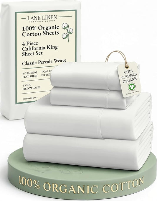 LANE LINEN 100% Organic Cotton California King Sheets Set, 4-Piece Pure Organic Cotton Long Staple Percale Weave Soft Best Bedding Sheets for Bed, Fits Mattress Upto 15" Deep - Glacier Grey