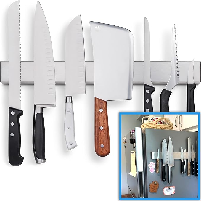 17" Premium Magnetic Knife Holder for Refrigerator (Double-Sided Heavy-Duty Magnets) - Upgraded Strip for Strong Fridge Mount - Clear Up Counter Space - 304 Anti-Rust Stainless Steel (Upgraded Design)
