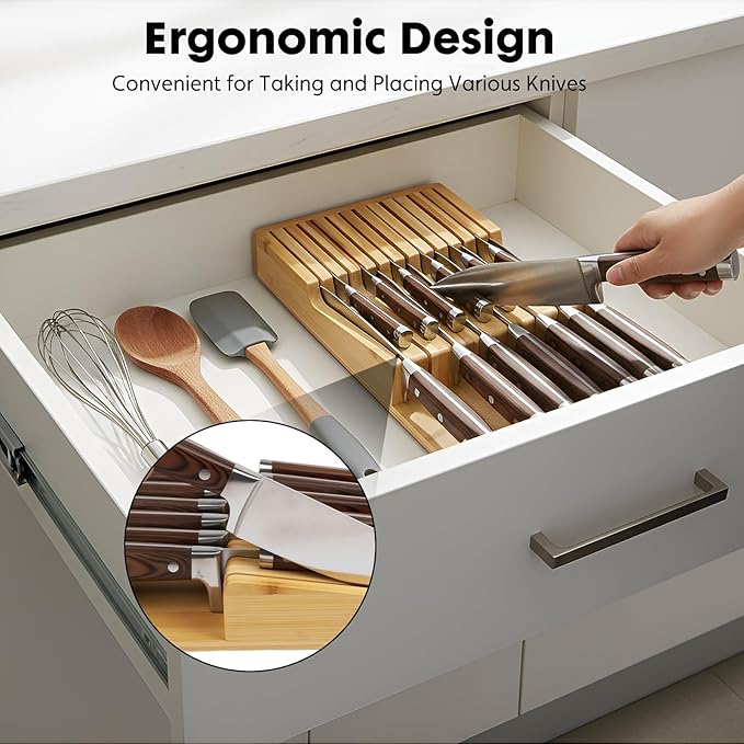Bamboo Kitchen Drawer Knife Block, In drawer Knife Holder, Knife Drawer Organizer fit for 13 knives