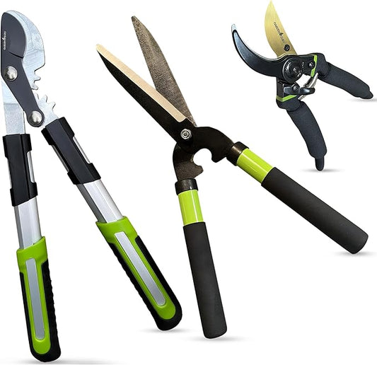GARDEN GURU Hedge Shears Bypass Loppers Pruning Shears 3 Pc Set - Heavy Duty Comfort Grip Handles - Sharp Blades for Easy & Clean Cuts - Perfect Trimming Tool Kit