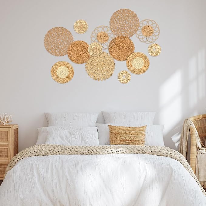 Glenmal Set of 13 Boho Wall Basket Decor Woven Rattan Flat Baskets Handmade Boho Wicker Bamboo Seagrass Wall Hanging Decor for Bedroom Living Room Dining Room Office Ready to Hang(Classic)