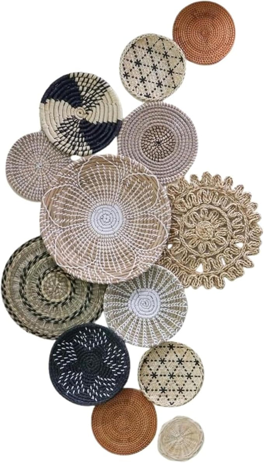 Chicvillage Woven Wall Basket Set 13-Piece, Natural Seagrass Boho Wall Decor, Handmade Gallery Hanging Baskets, Rustic Wicker Fiber Art for Living Room, Bedroom, Entryway, Farmhouse Decor