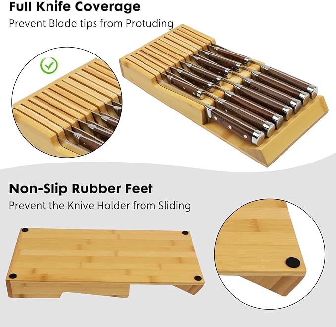 Bamboo Kitchen Drawer Knife Block, In drawer Knife Holder, Knife Drawer Organizer fit for 13 knives