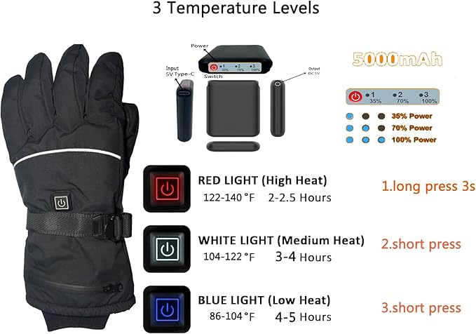 Popdan 5V 5000mAh Rechargeable Heated Gloves for Men Women Electric Heating Glove PU Waterproof & Touchscreen Ideal for Winter Outdoor Motorcycling, Skiing, Snowboarding, Fishing, Biking