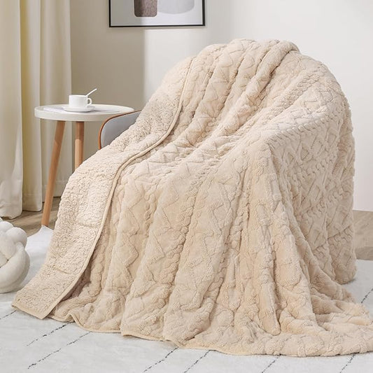Weighted Blanket Full Size, Adult Weighted Blankets 15lbs with Doubled-Sized Shaggy Sherpa, Soft Plush Jacquard Bed Blanket for Sleep Natural and Relaxing, Ceramic Beads, Beige, 48 * 72 15lbs