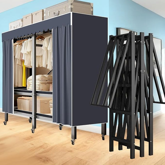 Garment Rack with Cover, Heavy Duty Portable Wardrobe Closet 2000LB, Foldable Clothe Rack with Wheel, Clothes Rack for Hanging, Armoires Clothing Coat Storage Rack (BlueGrey, 66in)