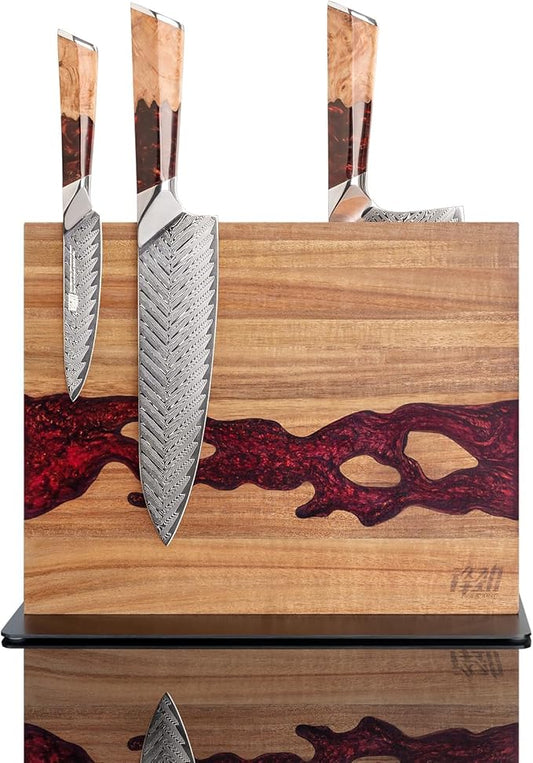 FINDKING Magnetic Knife Block, Double Sided Holder, Powerful Magnet Kitchen Storage, Acacia Wood and Red Resin (12 x 10 Inches, Without Knives)