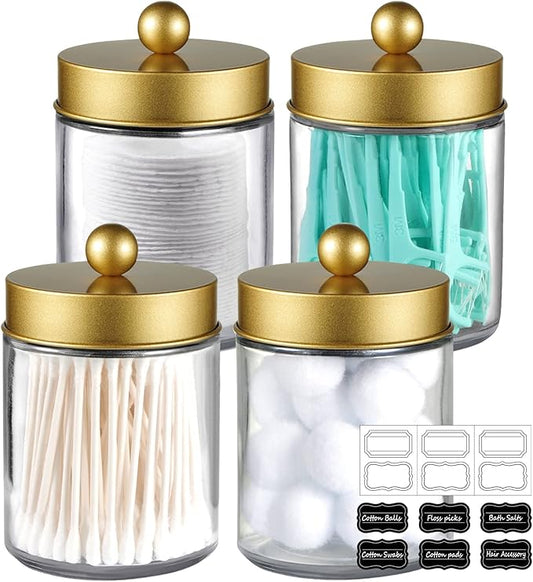 Amolliar 4 Pack Apothecary Jars Bathroom Vanity Storage Organizer Set -Countertop Canister with Stainless Steel Lids &Cute Stickers - Qtip Dispenser Holder for Qtips,Cotton Swabs,Makeup Sponges(Gold)