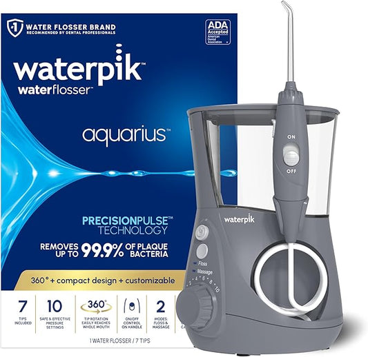 Waterpik Aquarius Water Flosser For Teeth Cleaning, Gums, Braces, Dental Care, Electric Power With 10 Settings, 7 Tips For Multiple Users And Needs, ADA Accepted, Gray WP-667, Packaging May Vary