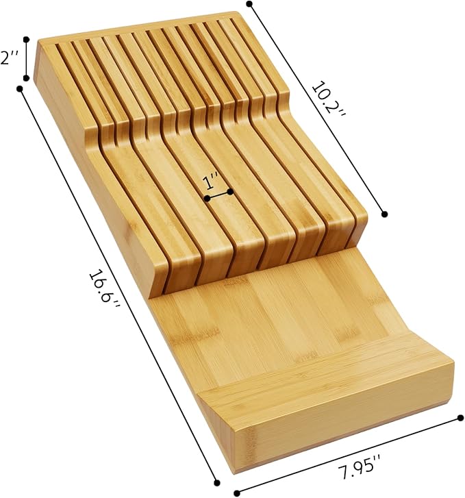 Bamboo Kitchen Drawer Knife Block, In drawer Knife Holder, Knife Drawer Organizer fit for 13 knives
