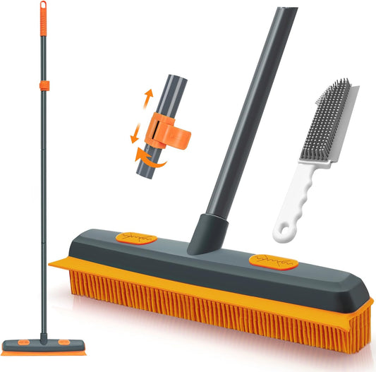 Pet Hair Removal Broom, 57.5 inches Rubber Brush Carpet Rake with Silicone Squeegee, Fur Remover Tool with Detailing Lint Comb for Cleaning Rug, Tile, Hardwood Floor (Gray Orange)