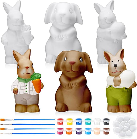 Watersay 6 Set Easter Ready to Paint Your Own Bunny Figurines Include 6 Pcs 4.4 Inch Blank Ceramics to Paint Bunny Statues 4 Paintbrushes 2 Paints and Palette for Easter Decor Unpainted DIY Crafts
