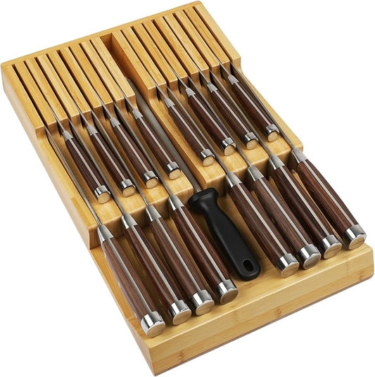 Bamboo Kitchen Drawer Knife Holder, In-drawer Knife Block, Knife Drawer Organizer fit for 16 knives and 1 steel sharpening