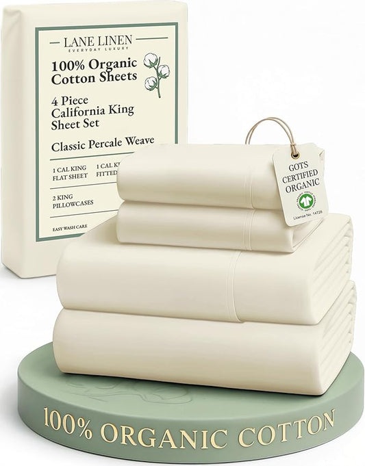 LANE LINEN 100% Organic Cotton California King Sheets Set, 4-Piece Pure Organic Cotton Long Staple Percale Weave Soft Best Bedding Sheets for Bed, Breathable, Fits Mattress Upto 15" Deep - Natural