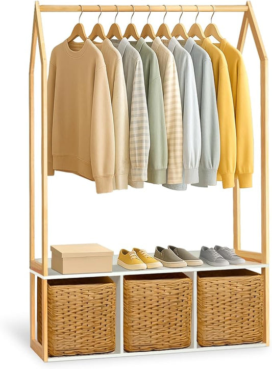Wood Clothes Rack with Storage, Freestanding Clothing Racks for Hanging Clothes Garment Rack for Bedroom, Entryway, Living Room