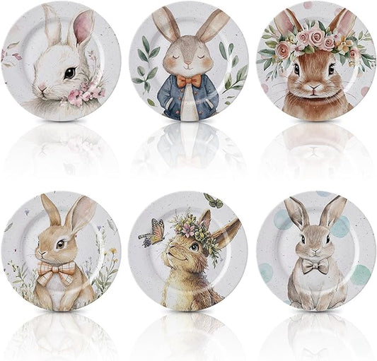6 Pcs Easter Plates Melamine Bunny Dinnerware Set 8 Inch Reusable Bunny Round Plates Rabbit Dishes Easter Gifts Dinnerware for Dinner Salad Dessert Pasta Spring Birthday Party Supplies