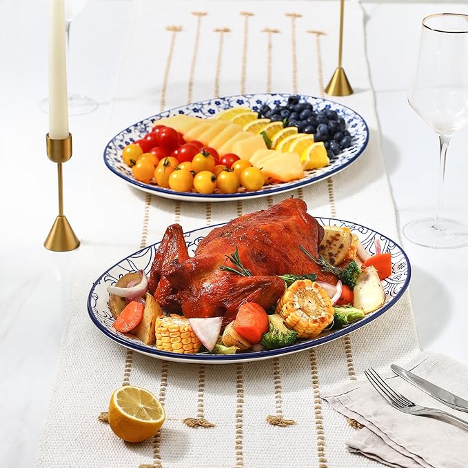 Selamica Serving Platter, 14 Inch Large Serving Dishes for Entertaining, Oval Ceramic Serving Trays for Party, Steak, Cake, Dinner, Fruit, Oven Safe, Microwave Safe, Set of 4, Vintage Blue