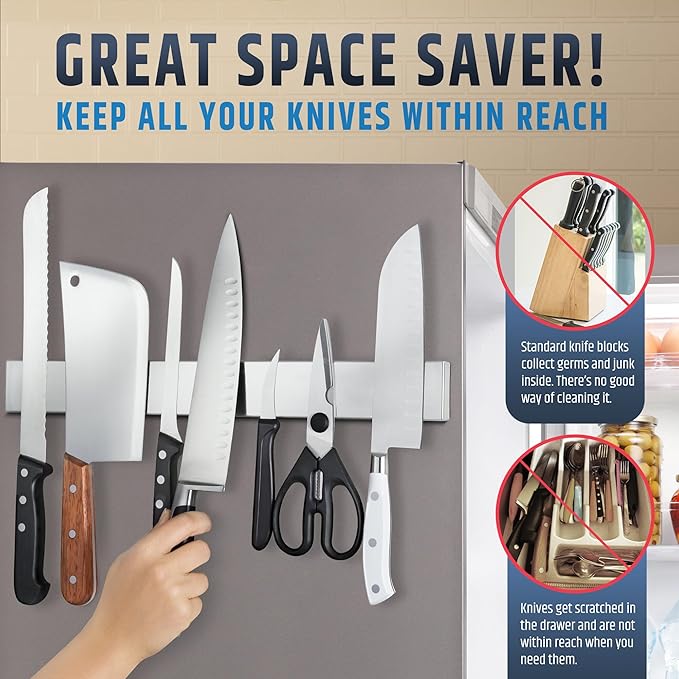 17" Premium Magnetic Knife Holder for Refrigerator (Double-Sided Heavy-Duty Magnets) - Upgraded Strip for Strong Fridge Mount - Clear Up Counter Space - 304 Anti-Rust Stainless Steel (Upgraded Design)