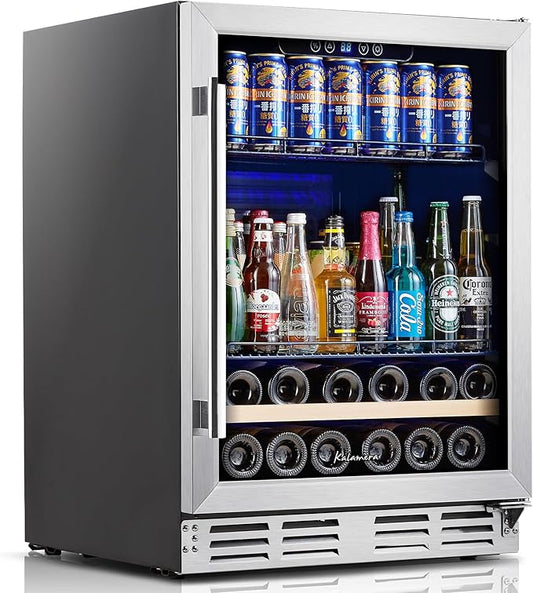 Beverage Fridge 24 Inch Beverage and Wine Cooler Built-in or Freestanding - 120 Cans & 16 Bottles Capacity Wine Refrigerator Cooler