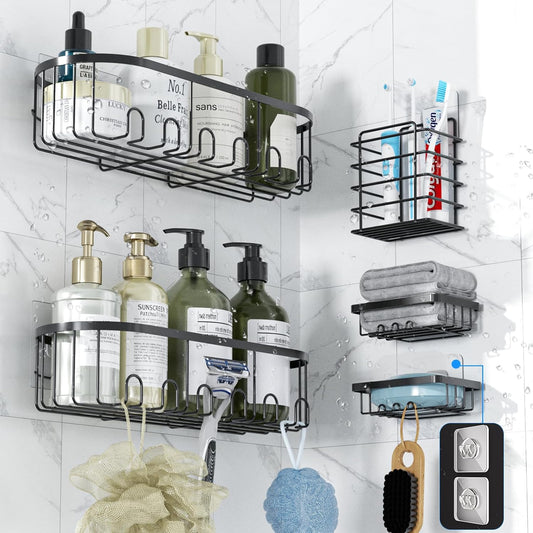 GearFusion Shower Caddy Bathroom Storage Shelves, 5 Pack Large Capacity Adhesive Shower Organizer with Soap Dishes & 12 Hooks, Toothbrush Holder, Rustproof Showers Racks - Black