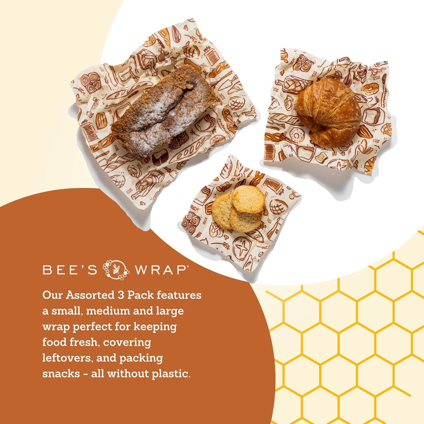 Bee's Wrap Beeswax Wraps for Food - Made in USA Reusable & Organic Food Wraps, Sandwich Wrap & Bowl Covers - Eco-Friendly Alternative to Aluminum Foil & Plastic Wrap, Bakery Lane 3 Pack (S, M, L)