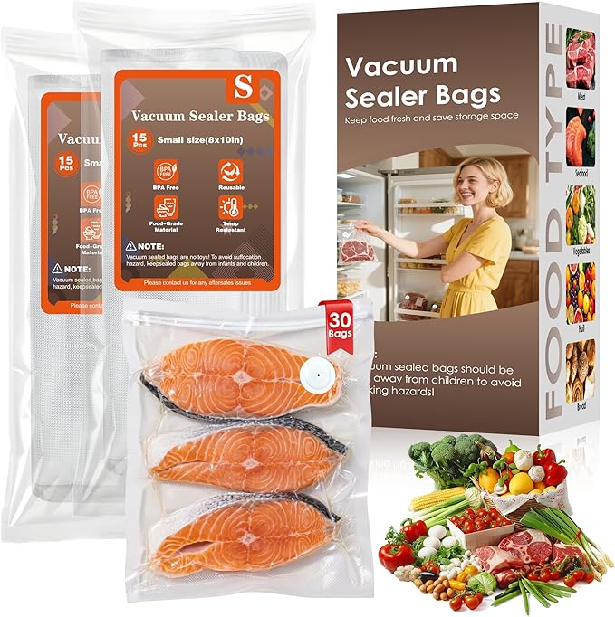 Reusable Vacuum Sealer Bags for Food – 30 Small (8 x 10 in) For Elxis Vacuum Sealer (Without Vacuum Sealer)