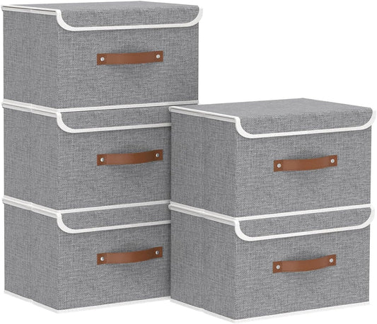 Yawinhe Collapsible Storage Boxes, Foldable Bin with Lids, Cube Clothes Organizer Basket with Handles, Grey, 13.0''Lx9.0''Wx7.9''H, 5-Pack, SNK024GS-5