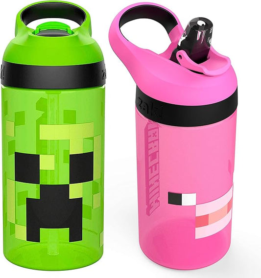 Zak Designs Minecraft Kids Water Bottle with Straw and Built in Carrying Loop Set, Made of Plastic, Leak-Proof Water Bottle Designs (Creeper/Pig, 16 oz, 2pc Set)