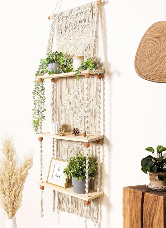 Macrame Wall Hanging Shelf 3 Tier Boho Wall Plant Hanger Shelves, Handmade of Woven Rope Boho Shelves Organizer for Living Room Bathroom Home Storage Floating Plant Rack Bohemian décor