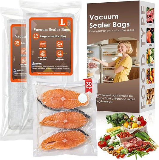 Reusable Vacuum Sealer Bags for Food – 30 Large (12 x 13 in) For Elxis Vacuum Sealer (Without Vacuum Sealer)