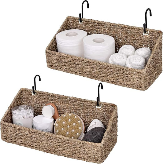 StorageWorks Woven Wall Baskets for Storage, Seagrass Baskets for Shelf, Wall Storage for Kitchen and Bathroom, Hanging Baskets for Organizing, 2 Pack