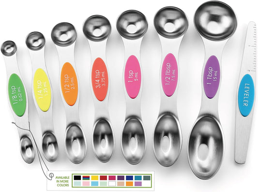 Spring Chef Stainless Steel Magnetic Measuring Spoons Set of 8 with Leveler, Nesting Metal Teaspoon & Tablespoon Measuring Spoons, Kitchen Gadgets for Baking & Cooking, Fits in Most Spice Jars - Neon