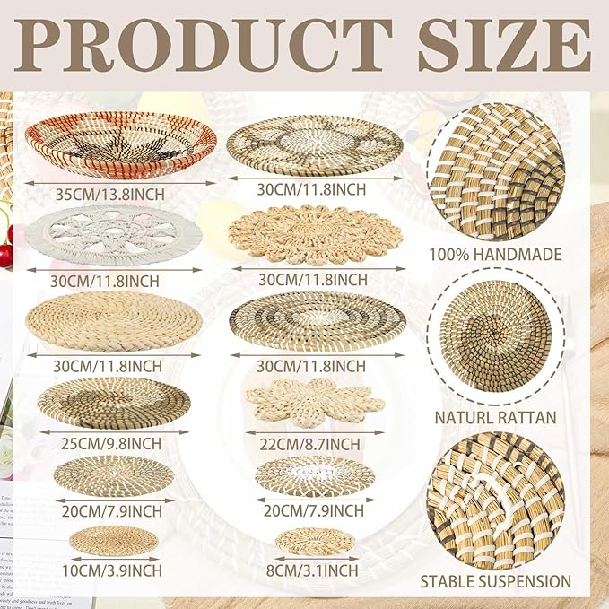 Xuhal 15 Pcs Boho Wall Basket Decor Handcrafted Seagrass Woven Wall Basket Rustic Round Woven Hanging Art for Home Farmhouse Kitchen Table Living Room(Classic Style)