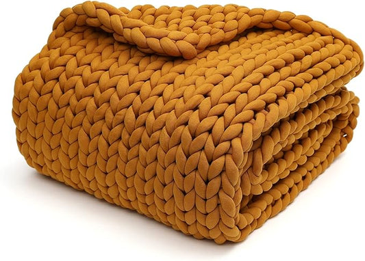 YnM Knitted Weighted Blanket, Handmade Chunky Knitted Design, Soft and Cozy, Temperature Regulating and Breathable, Machine Washable Throw for Sleep or Home Decor (Yellow Fusion, 60x80 Inch, 15lbs)