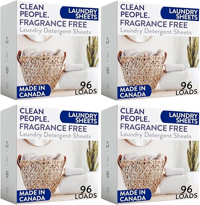 Clean People Laundry Detergent Sheets- Recyclable Packaging, Hypoallergenic, Stain Fighting, Works with All Machines including HE (384 Count, Fragrance Free)