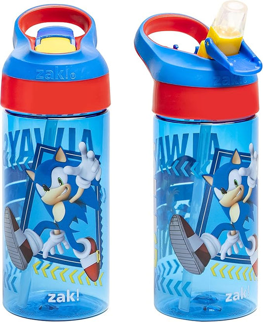 Zak Designs Sonic the Hedgehog Kids Water Bottle with Spout Cover and Built-in Carrying Loop, Made of Durable Plastic, Leak-Proof Water Bottle Design for Travel (17.5 oz, Pack of 2)