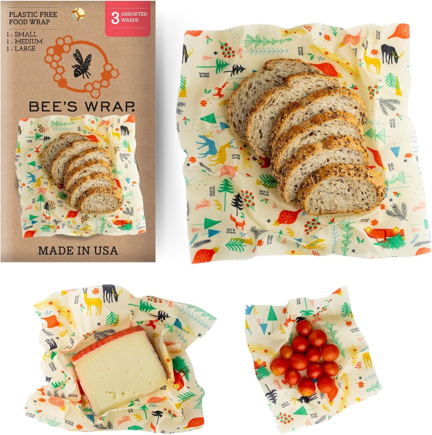 Bee's Wrap Beeswax Wraps for Food - Made in USA Reusable & Organic Food Wraps, Sandwich Wrap & Bowl Covers - Eco-Friendly Alternative to Aluminum Foil, Winter Wonderland 3 Pack (S, M, L)