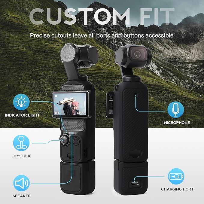 Protective Case for DJI Osmo Pocket 3 / Xtra Muse Camera, Soft Silicone Grip Cover with Screen Protection & Mic, Lightweight, Anti-Scratch, for Travel, Vlogging, Daily Filming – Black