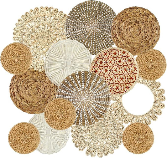 Xuhal 15 Pcs Boho Wall Basket Decor Handcrafted Seagrass Woven Wall Basket Rustic Round Woven Hanging Art for Home Farmhouse Kitchen Table Living Room(Fresh Style)