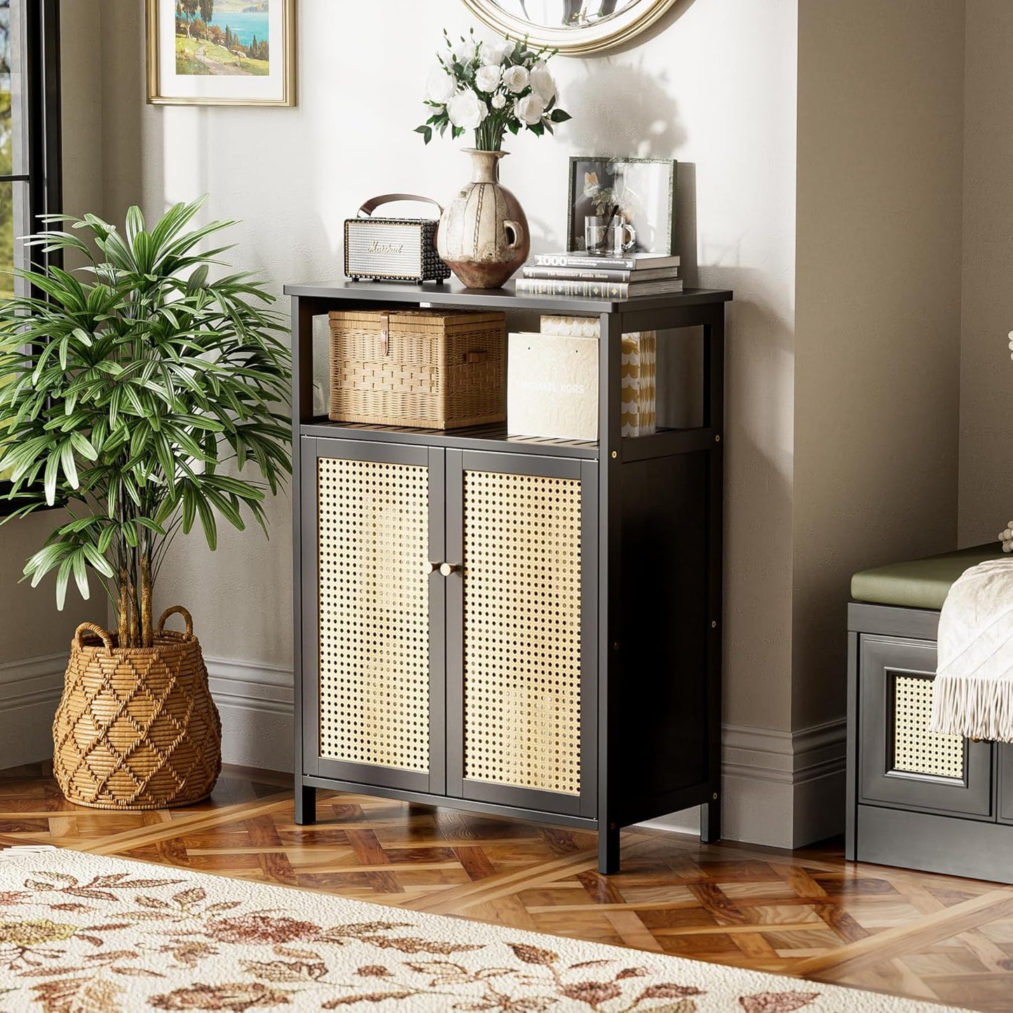 HITNET Bamboo Floor Cabinet, Bathroom Storage Cabinet with 2 Rattan Doors and Shelves, Space Saving Freestanding Kitchen Cupboard, Black