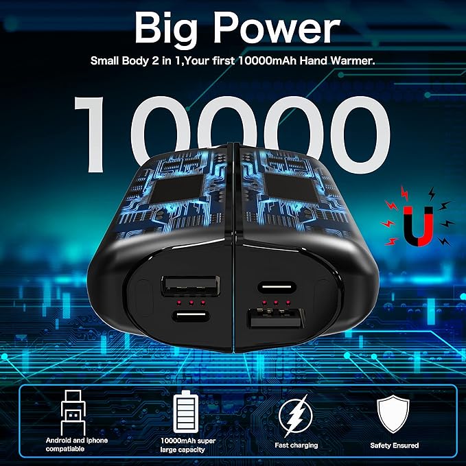 Hand Warmers Rechargeable 2 Pack,10000mAh Split-Magnetic Electric AI Handwarmer Power Bank,3 Levels, Camping,Hunting in Winter