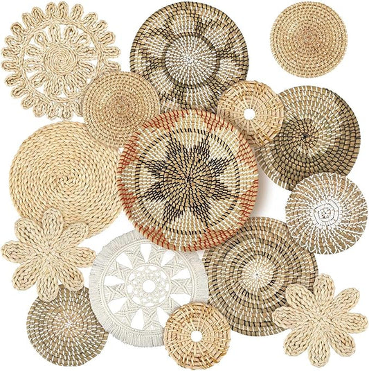Xuhal 15 Pcs Boho Wall Basket Decor Handcrafted Seagrass Woven Wall Basket Rustic Round Woven Hanging Art for Home Farmhouse Kitchen Table Living Room(Classic Style)